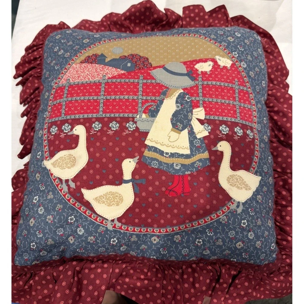 Vintage‎ Throw Pillow Girl Feeding Ducks Geese Holly Hobbie Style Cottagecore